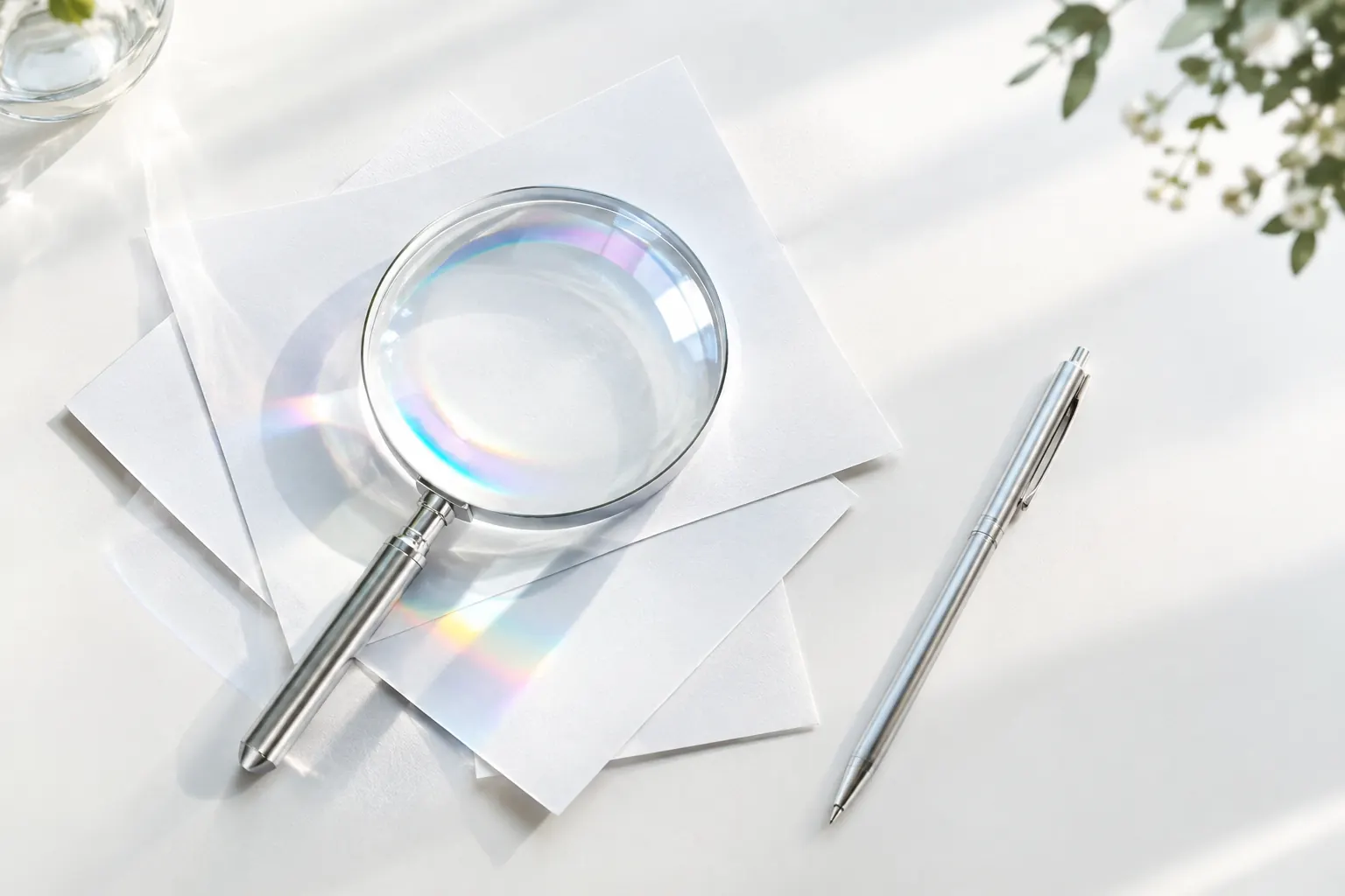 Loupe posée sur des fiches blanches aux reflets irisés, illustration : comment apparaître dans les AI Overviews de Google