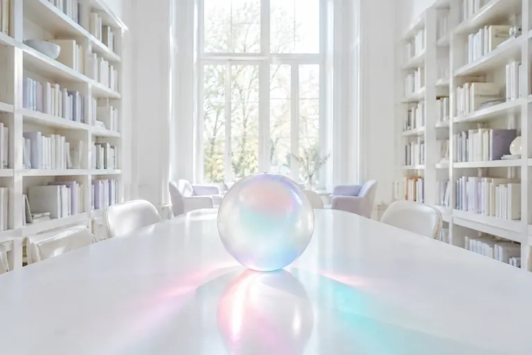 Salle de lecture blanche lumineuse avec une sphère de verre irisée, image des sources