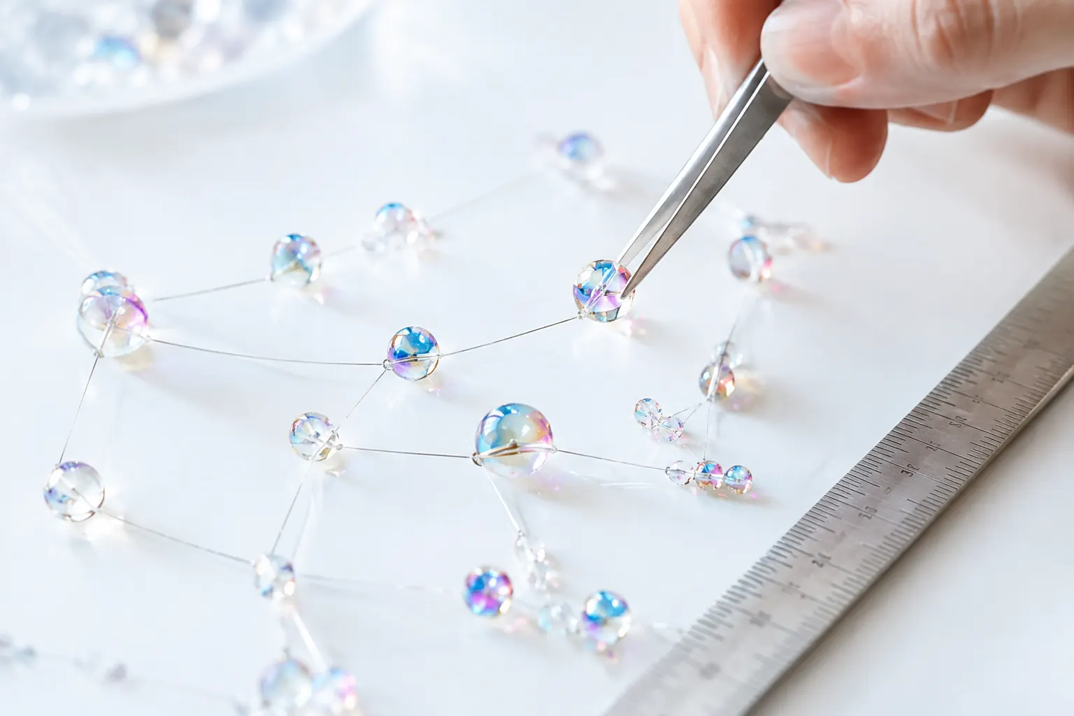 Main posant une perle de verre dans une constellation reliée par des fils, image de la mesure de la visibilité dans ChatGPT